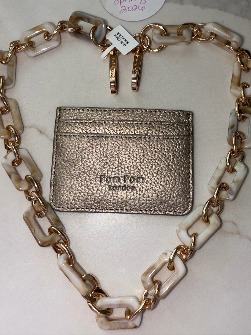 Pom Pom London Gold & Stone chain link purse strap and champagne card case NWT
